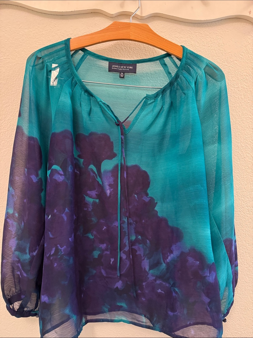 Jones New York Teal and Purple Sheer Floral Blouse Suze MP